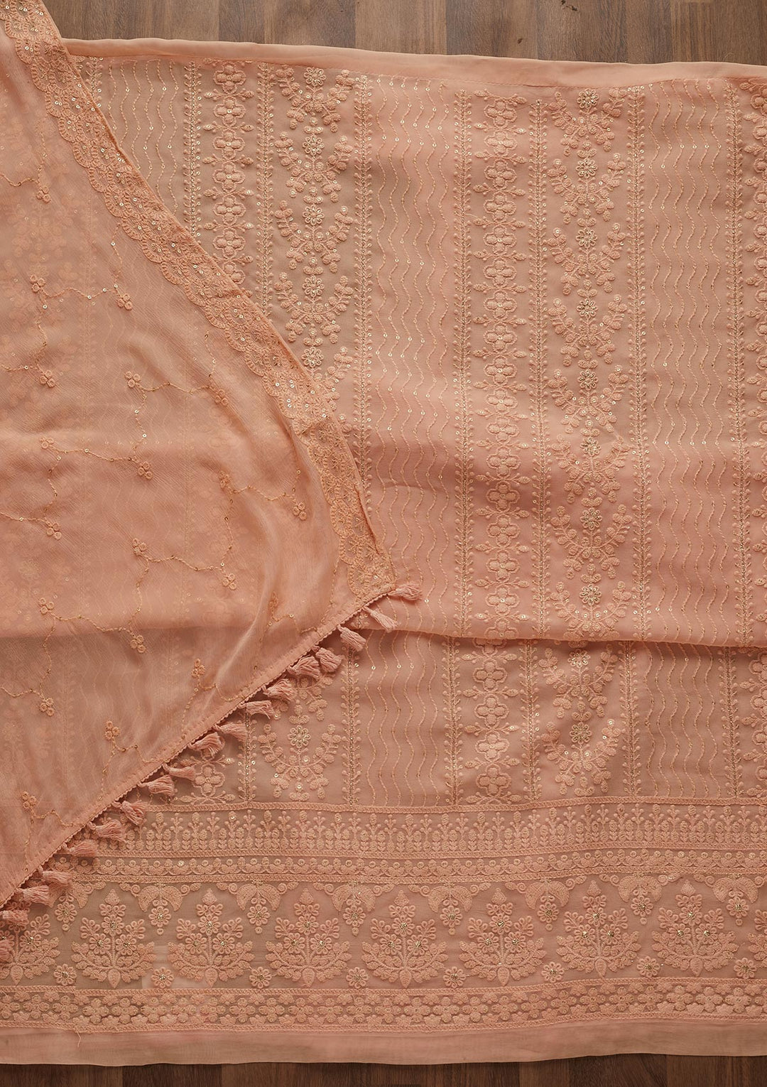 Peach Threadwork Georgette Designer Unstitched Salwar Suit - Koskii