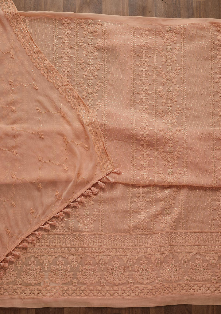 Peach Threadwork Georgette Designer Unstitched Salwar Suit - Koskii
