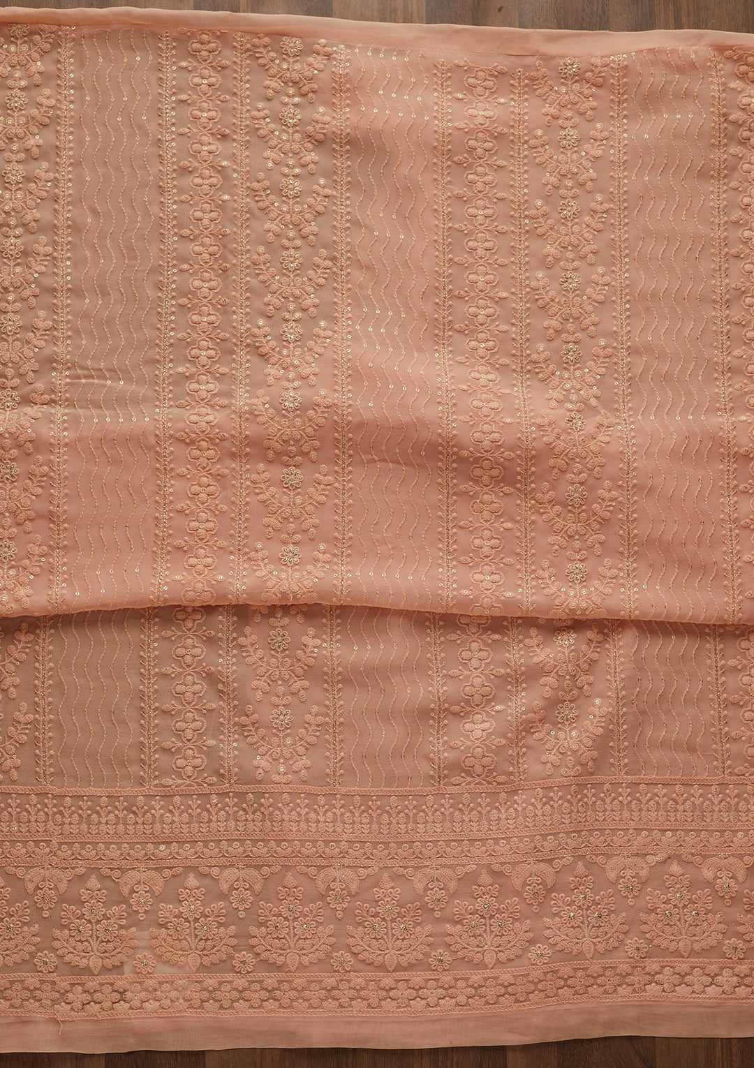 Peach Threadwork Georgette Designer Unstitched Salwar Suit - Koskii