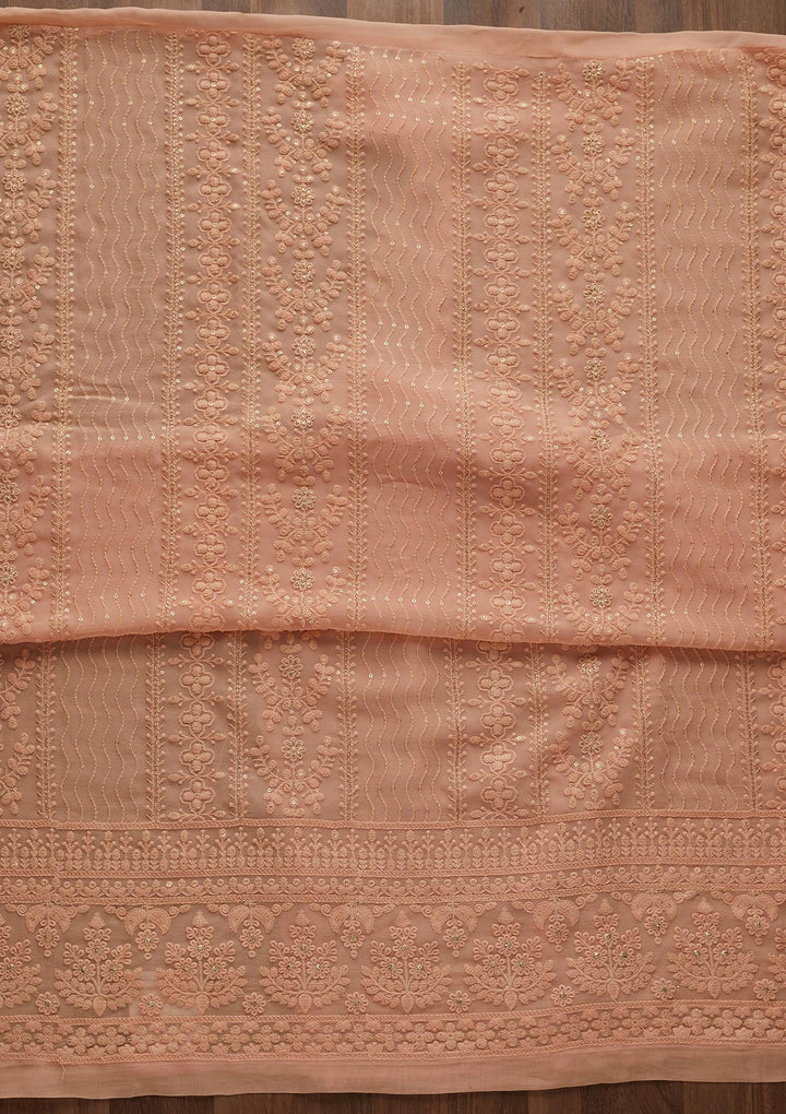 Peach Threadwork Georgette Designer Unstitched Salwar Suit - Koskii