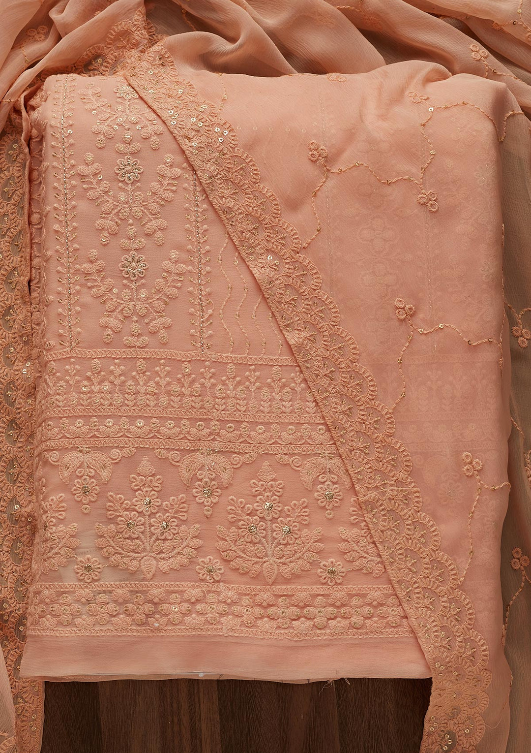 Peach Threadwork Georgette Designer Unstitched Salwar Suit - Koskii
