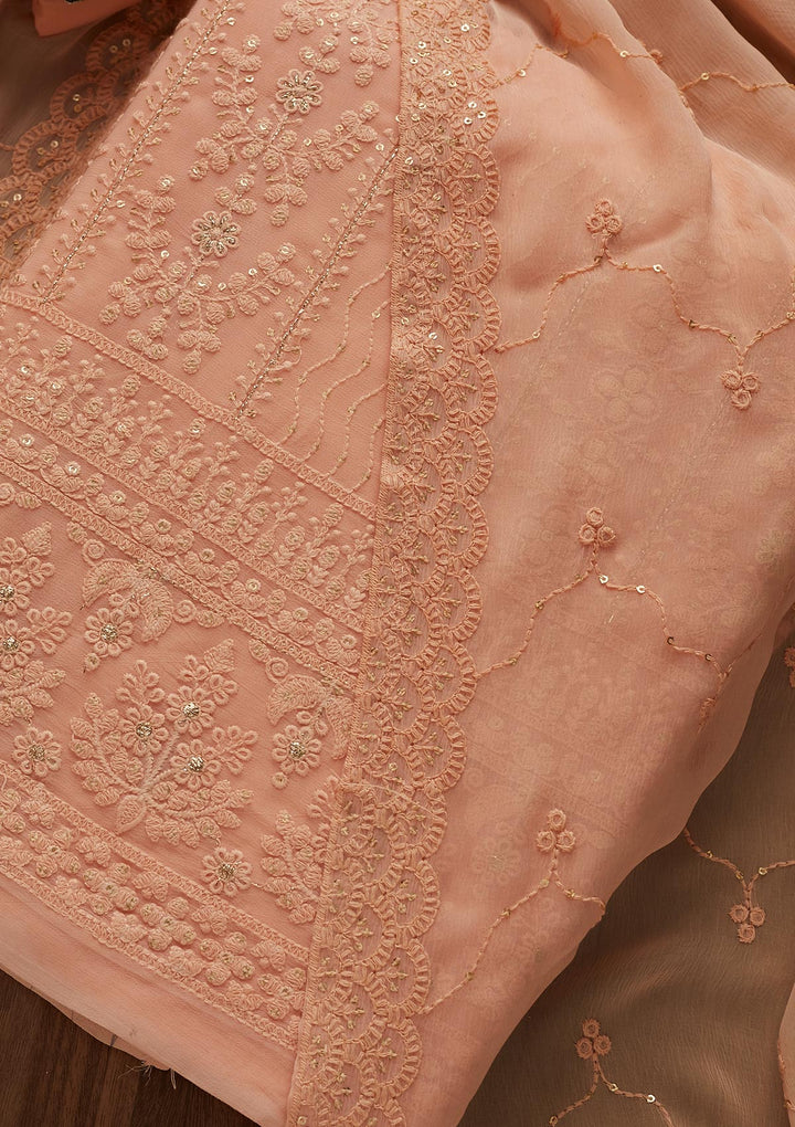 Peach Threadwork Georgette Designer Unstitched Salwar Suit - Koskii