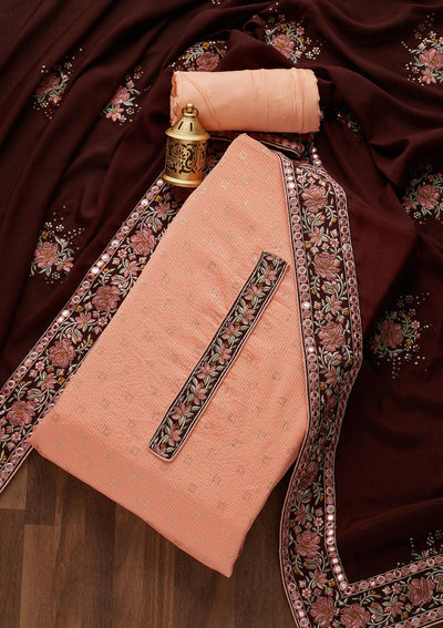 Peach Threadwork Georgette Unstitched Salwar Suit- Koskii