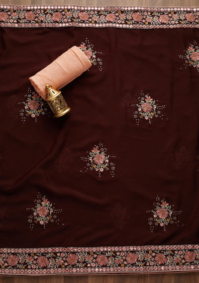 Peach Threadwork Georgette Unstitched Salwar Suit - Koskii