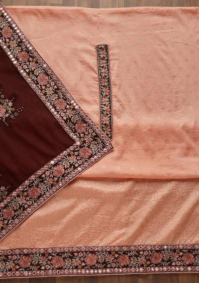Peach Threadwork Georgette Unstitched Salwar Suit - Koskii