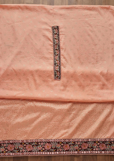 Peach Threadwork Georgette Unstitched Salwar Suit - Koskii