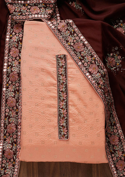Peach Threadwork Georgette Unstitched Salwar Suit - Koskii