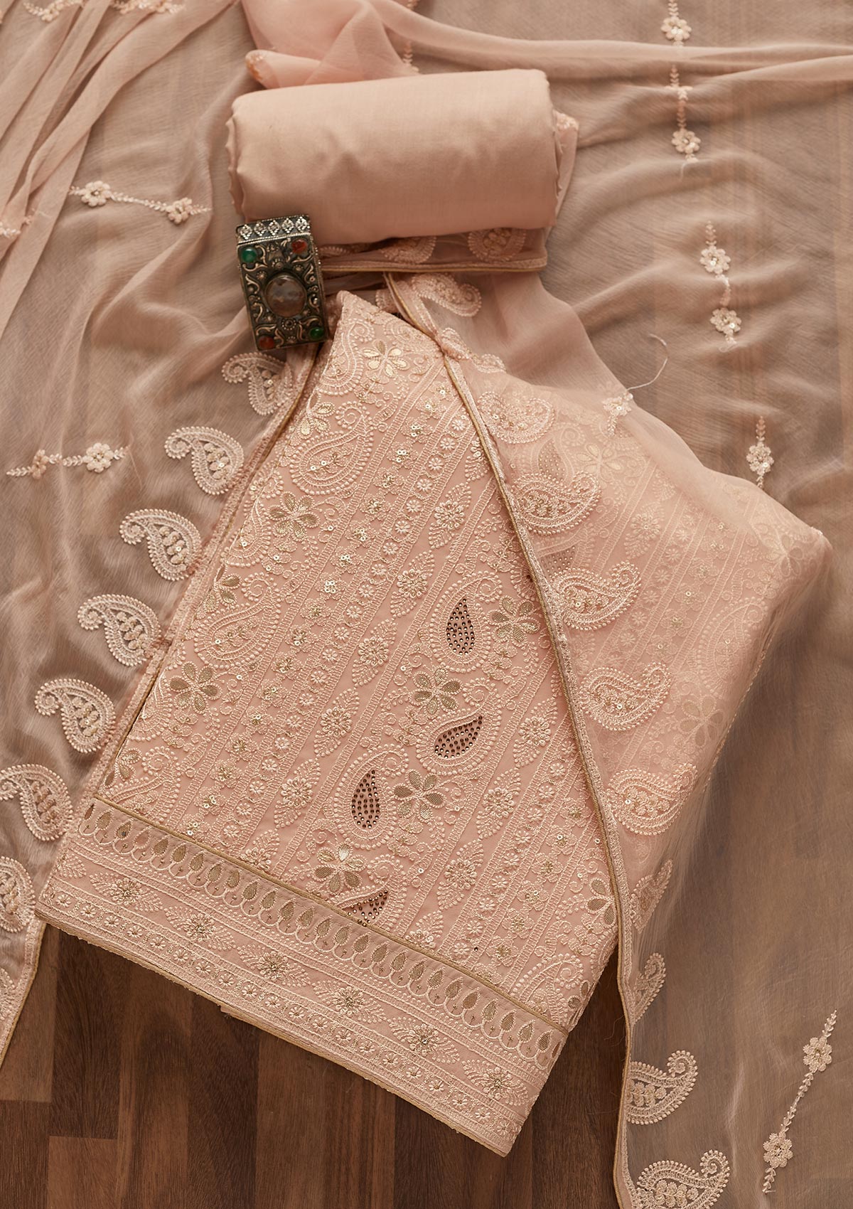 Peach Threadwork Georgette  Unstitched Salwar Suit- Koskii