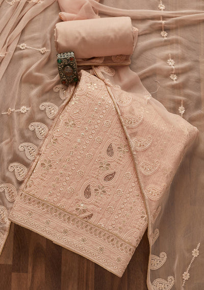 Peach Threadwork Georgette  Unstitched Salwar Suit- Koskii