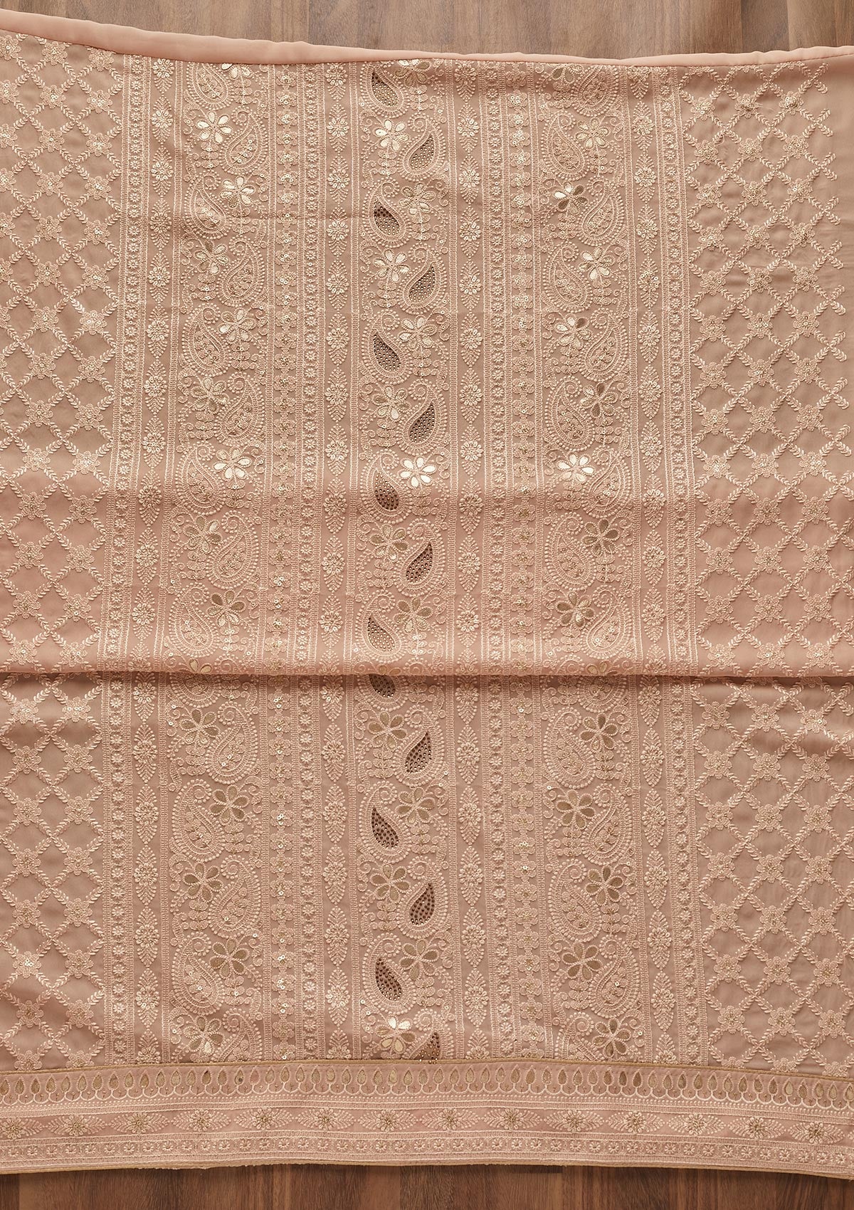 Peach Threadwork Georgette  Unstitched Salwar Suit - Koskii
