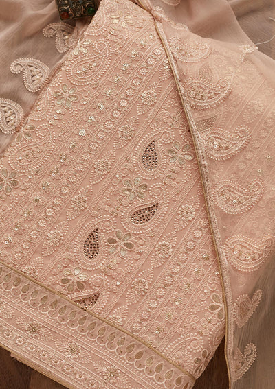 Peach Threadwork Georgette  Unstitched Salwar Suit - Koskii