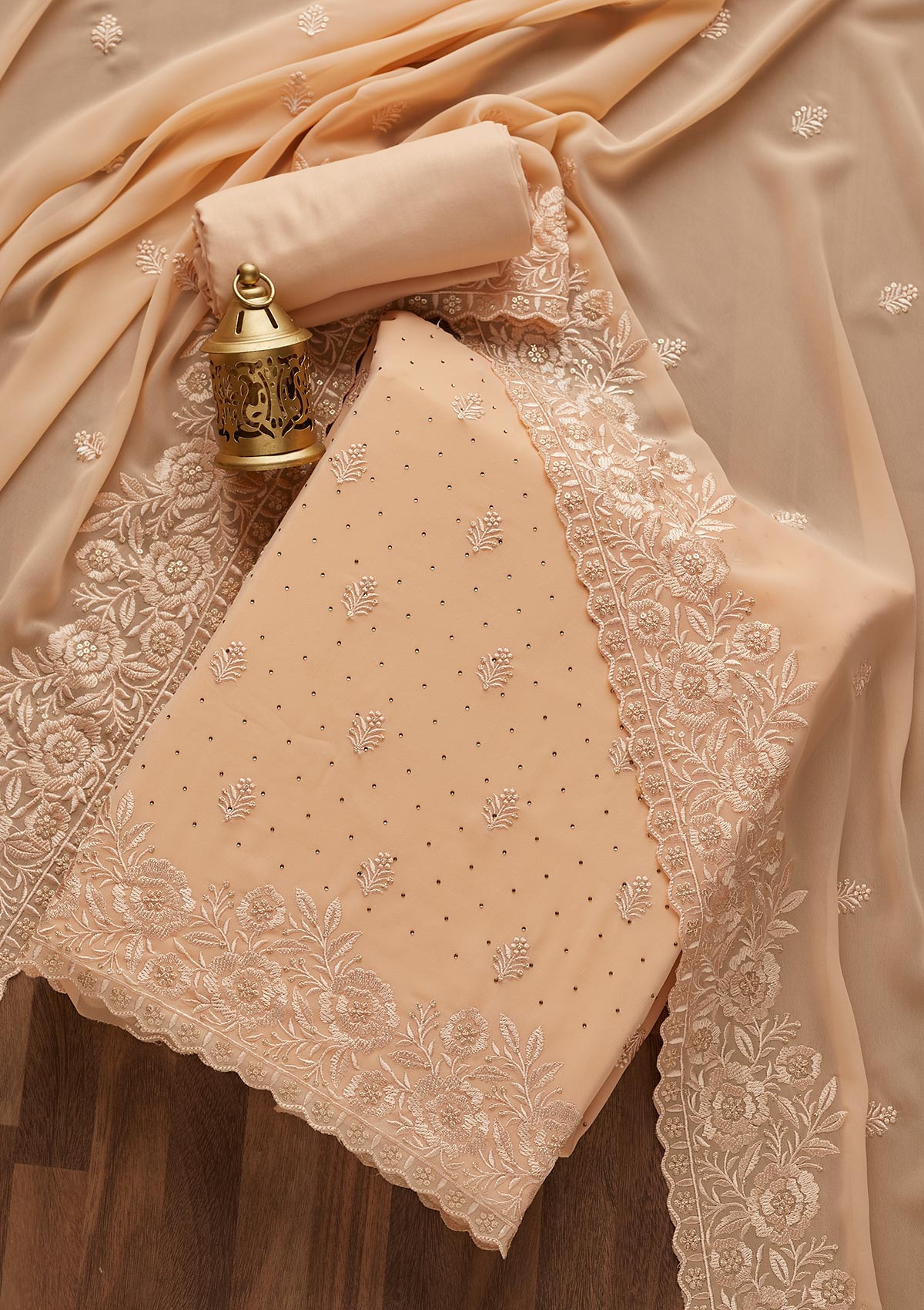 Peach Threadwork Georgette  Unstitched Salwar Suit- Koskii