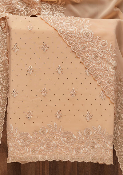 Peach Threadwork Georgette  Unstitched Salwar Suit - Koskii
