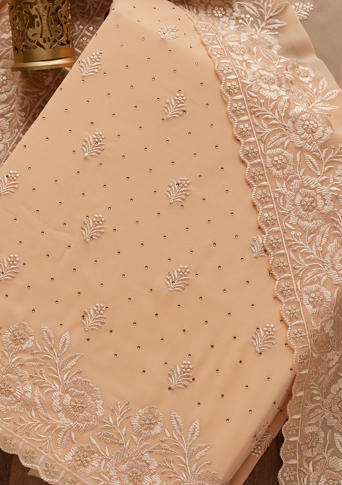 Peach Threadwork Georgette  Unstitched Salwar Suit - Koskii