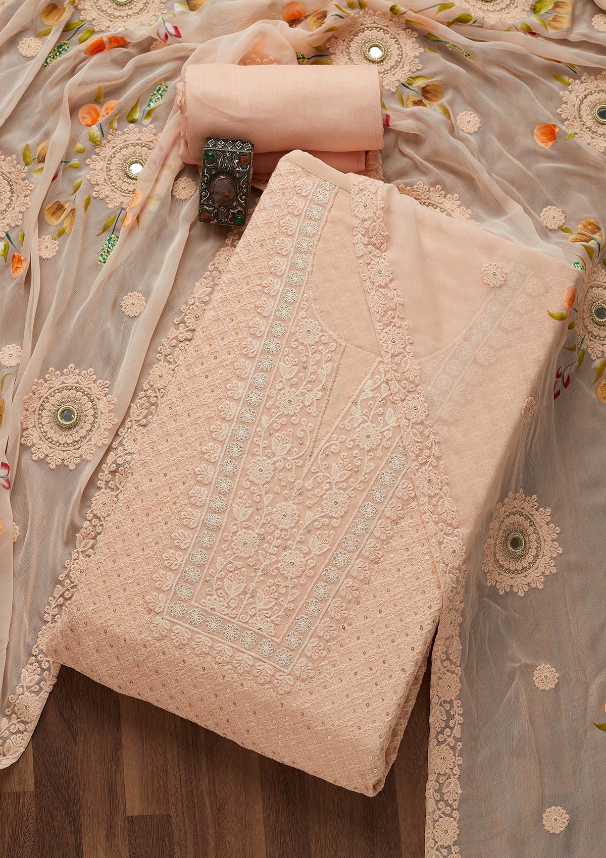 Peach Threadwork Georgette Unstitched Salwar Suit-Koskii