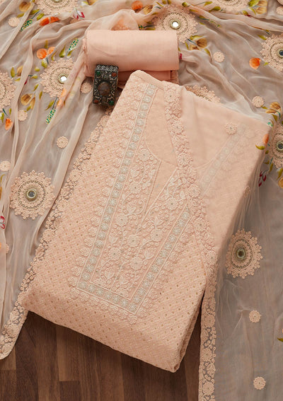 Peach Threadwork Georgette Unstitched Salwar Suit-Koskii