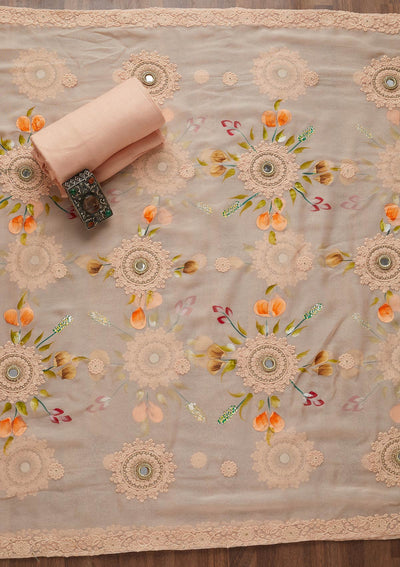 Peach Threadwork Georgette Unstitched Salwar Suit-Koskii
