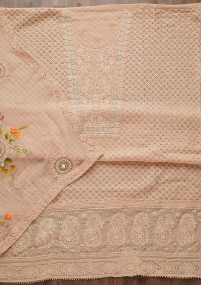 Peach Threadwork Georgette Unstitched Salwar Suit-Koskii