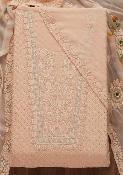 Peach Threadwork Georgette Unstitched Salwar Suit-Koskii