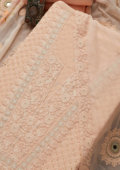 Peach Threadwork Georgette Unstitched Salwar Suit-Koskii