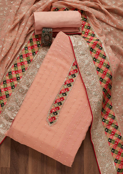 Peach Threadwork Georgette Unstitched Salwar Suit- Koskii