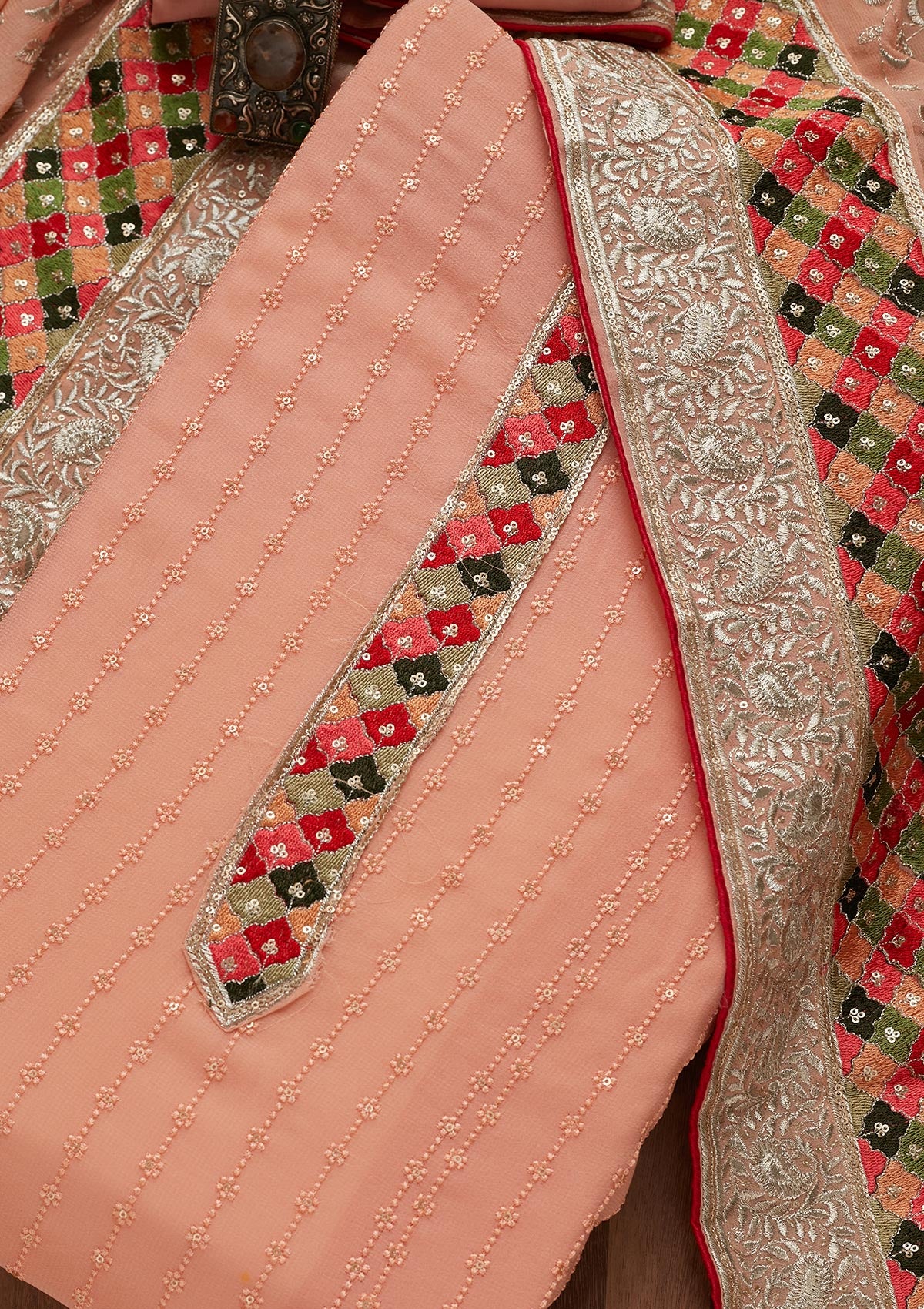 Peach Threadwork Georgette Unstitched Salwar Suit - Koskii