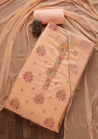 Peach Zariwork Art Silk Unstitched Salwar Suit-Koskii