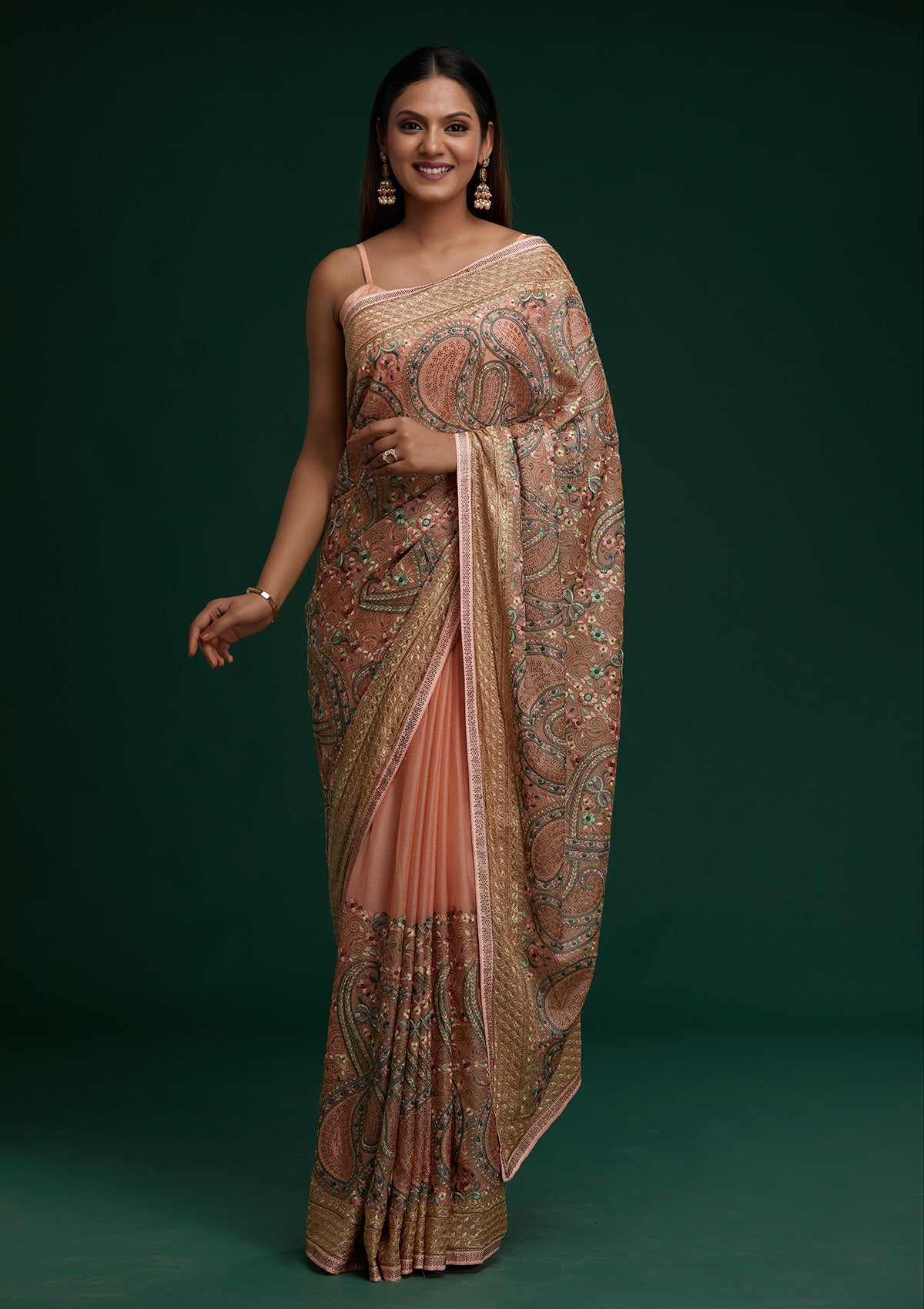 Peach Threadwork Georgette Saree- Koskii
