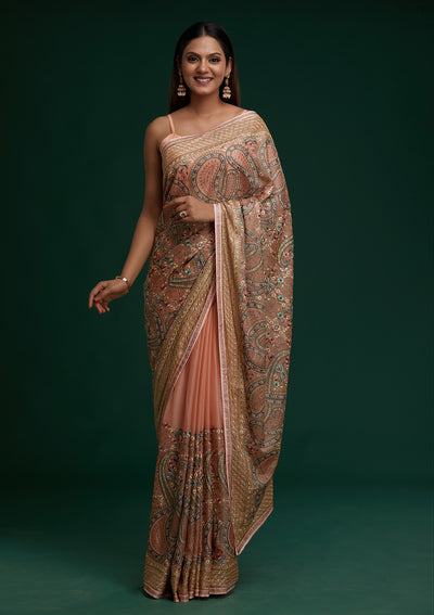 Peach Threadwork Georgette Saree- Koskii