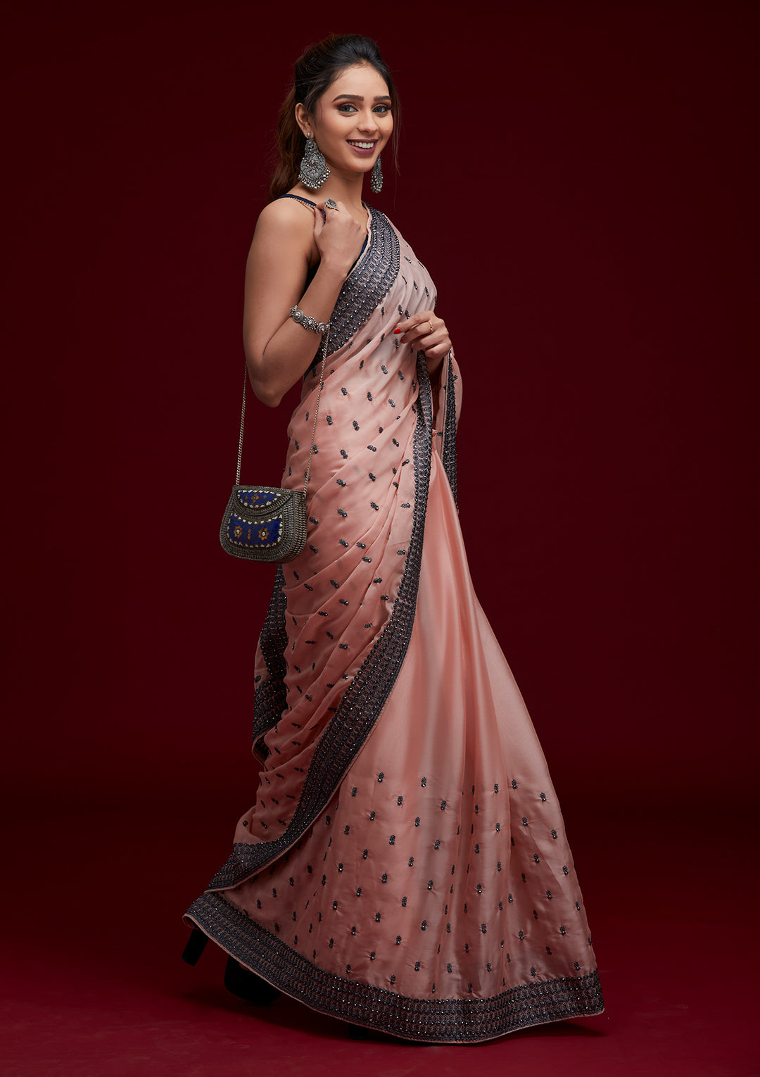 Peach Threadwork Georgette Saree- Koskii