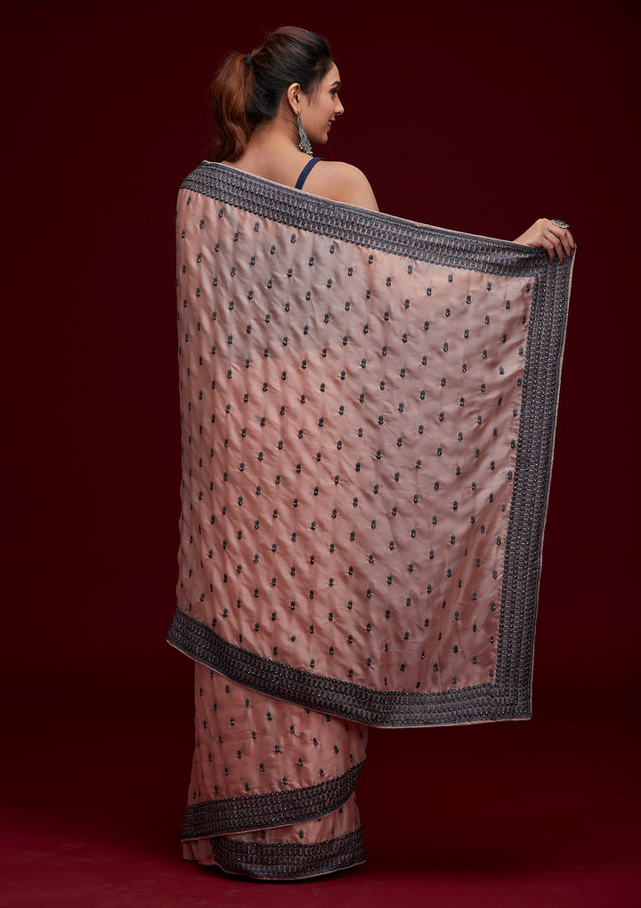 Peach Threadwork Georgette Saree - Koskii