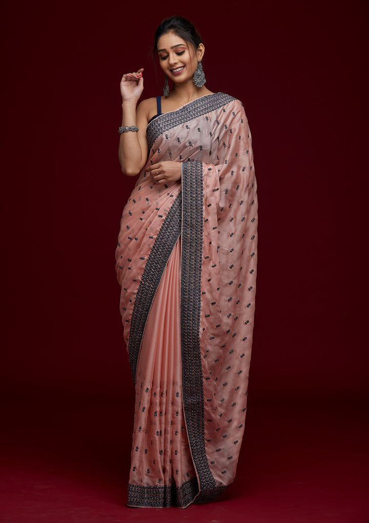 Peach Threadwork Georgette Saree - Koskii