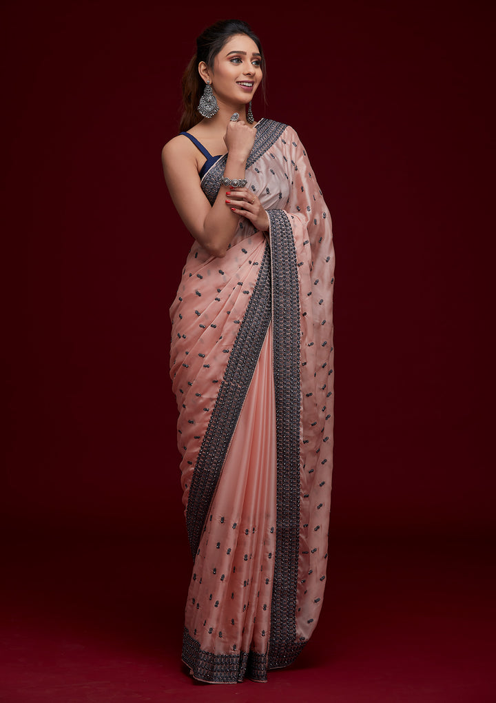 Peach Threadwork Georgette Saree - Koskii