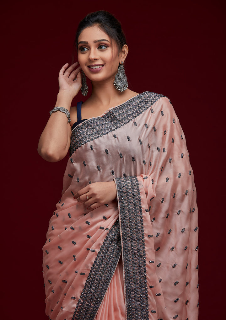 Peach Threadwork Georgette Saree - Koskii