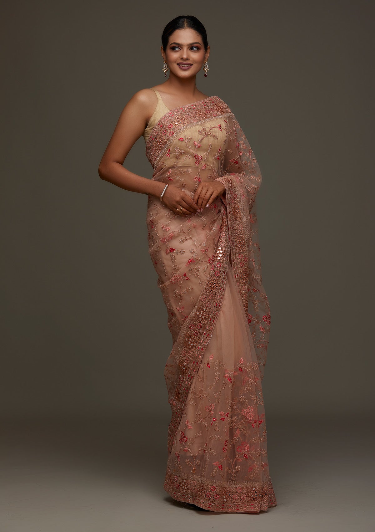 Peach Threadwork Net Designer Saree - Koskii