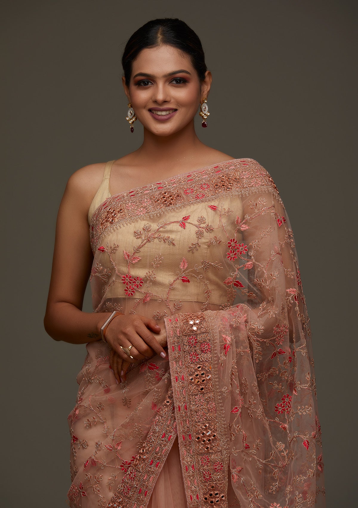 Peach Threadwork Net Designer Saree - Koskii