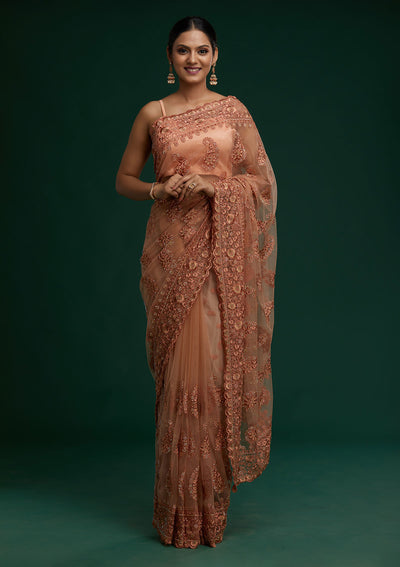 Peach Threadwork Net Saree- Koskii