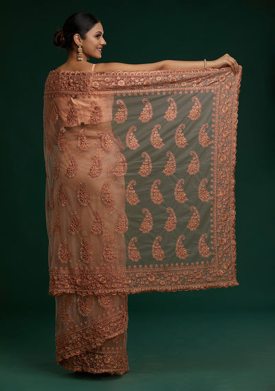 Peach Threadwork Net Saree - Koskii