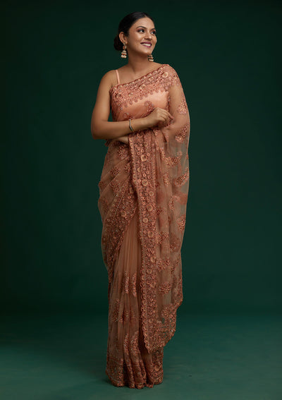 Peach Threadwork Net Saree - Koskii