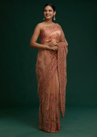 Peach Threadwork Net Saree - Koskii