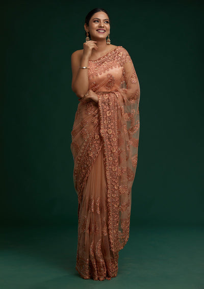 Peach Threadwork Net Saree - Koskii