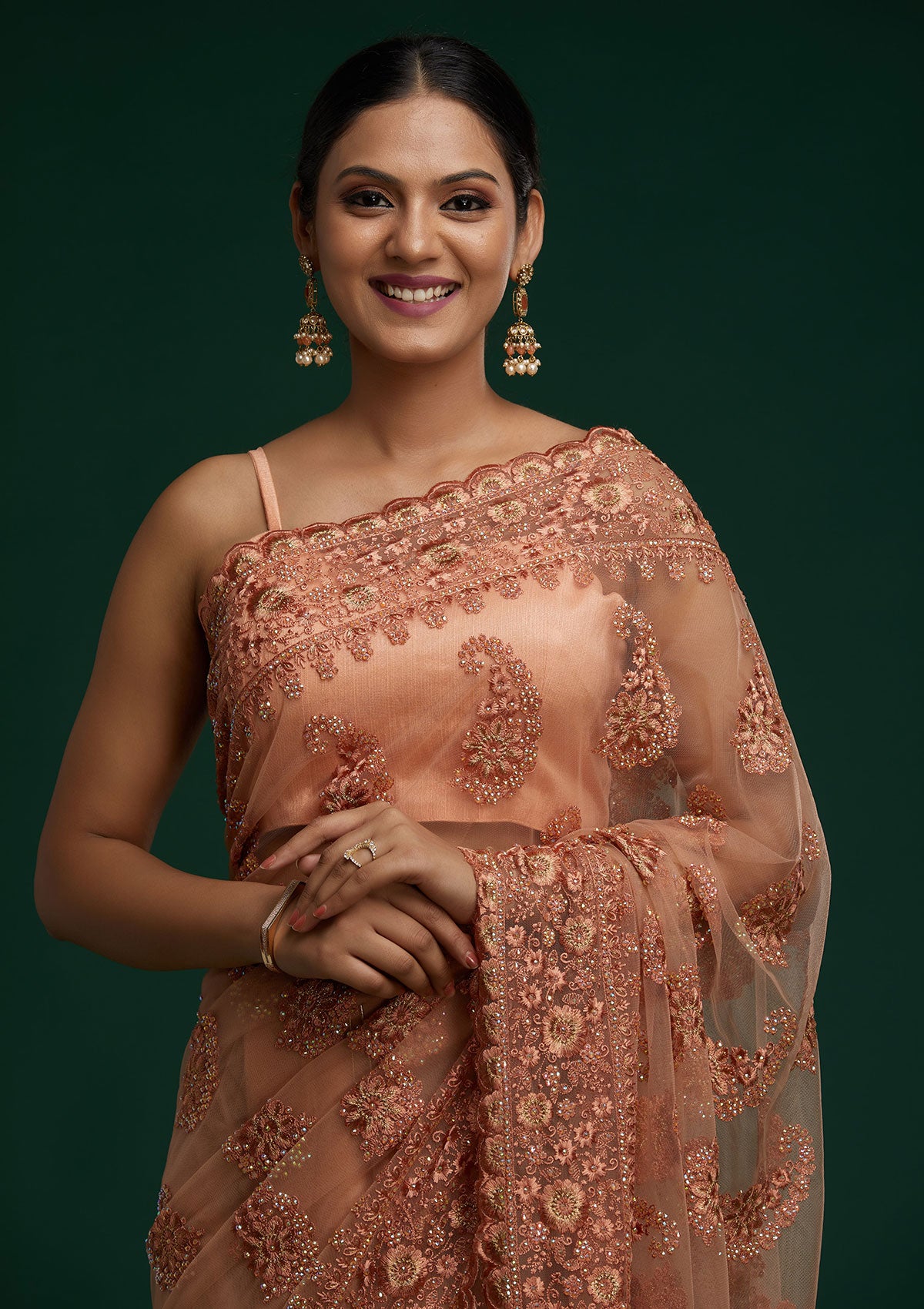 Peach Threadwork Net Saree - Koskii