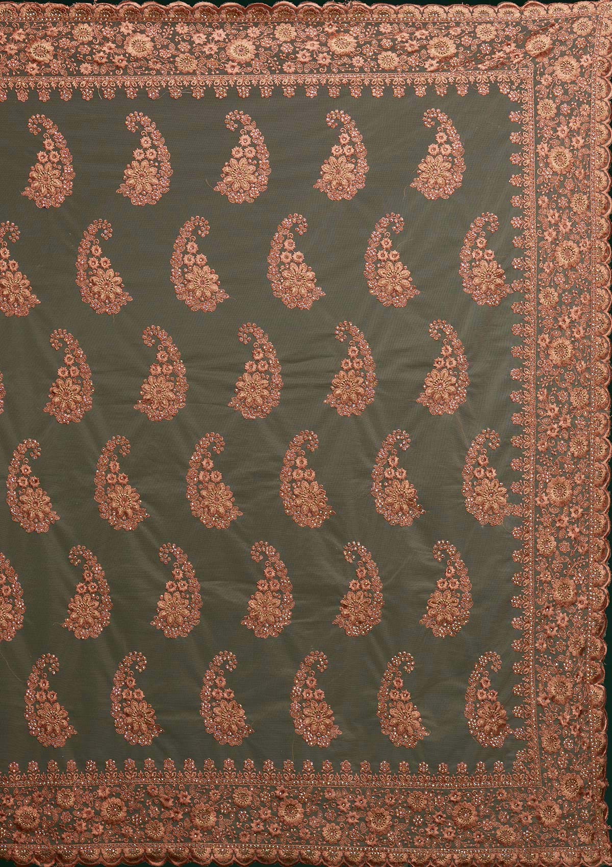 Peach Threadwork Net Saree - Koskii