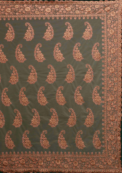 Peach Threadwork Net Saree - Koskii