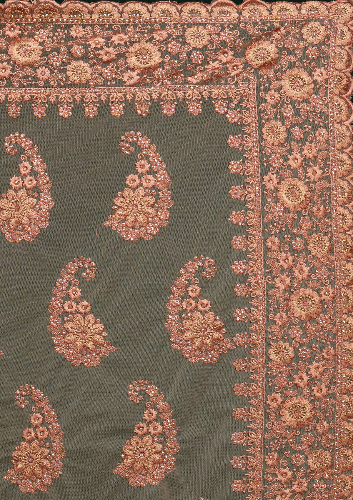 Peach Threadwork Net Saree - Koskii