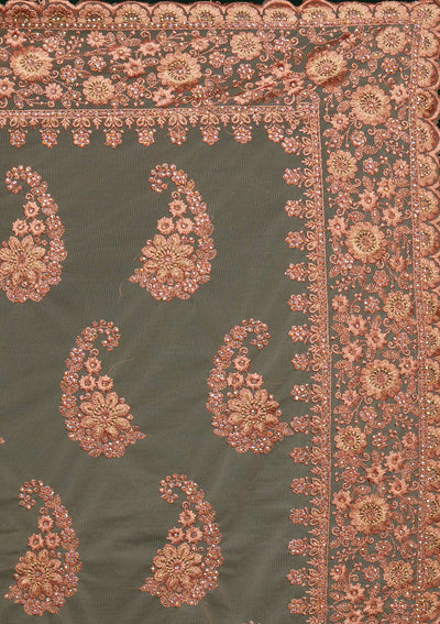 Peach Threadwork Net Saree - Koskii