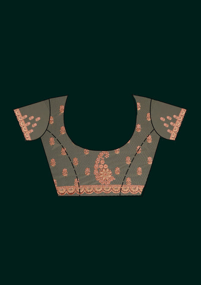Peach Threadwork Net Saree - Koskii