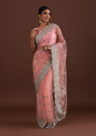 Peach Threadwork Net Saree-Koskii