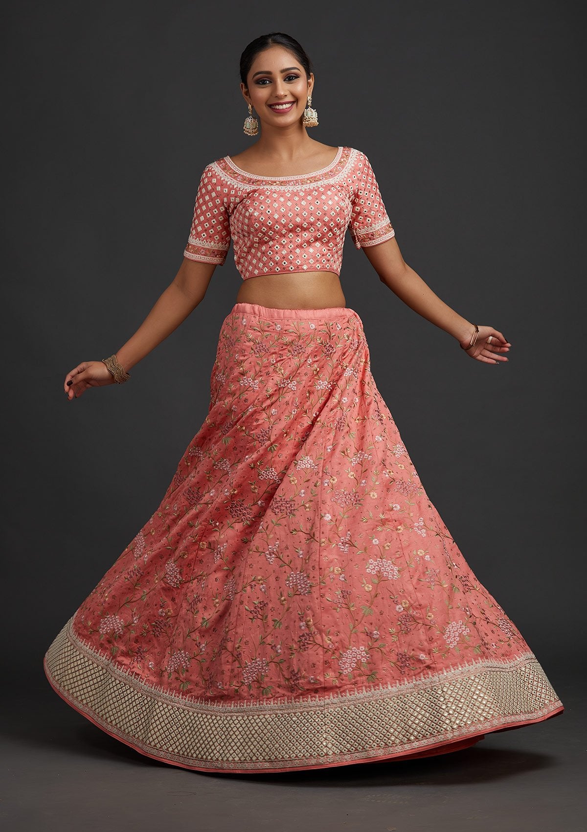 Peach Threadwork Raw Silk Designer Semi-Stitched Lehenga - koskii