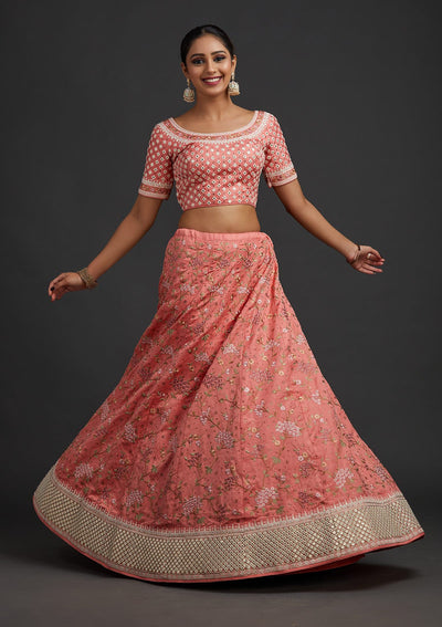 Peach Threadwork Raw Silk Designer Semi-Stitched Lehenga - koskii